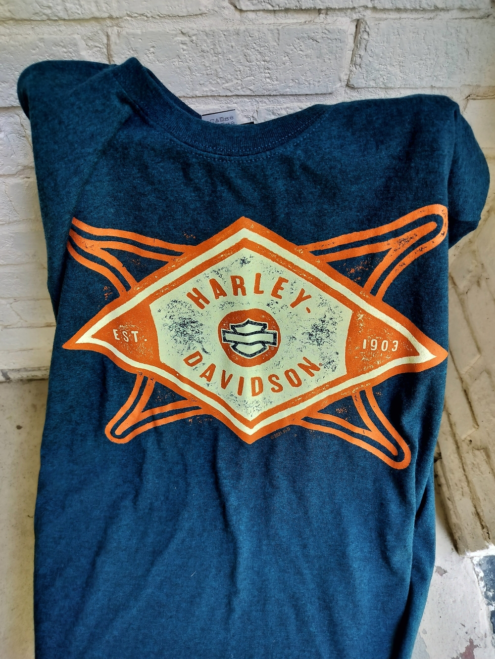 Harley-Davidson Navy Tee with Orange Logo Sz L
